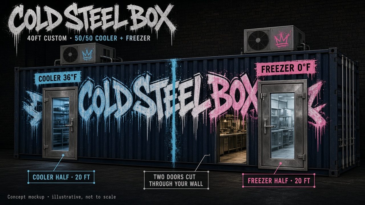 Concept rendering: graffiti-wrapped 50/50 cooler and freezer shipping container